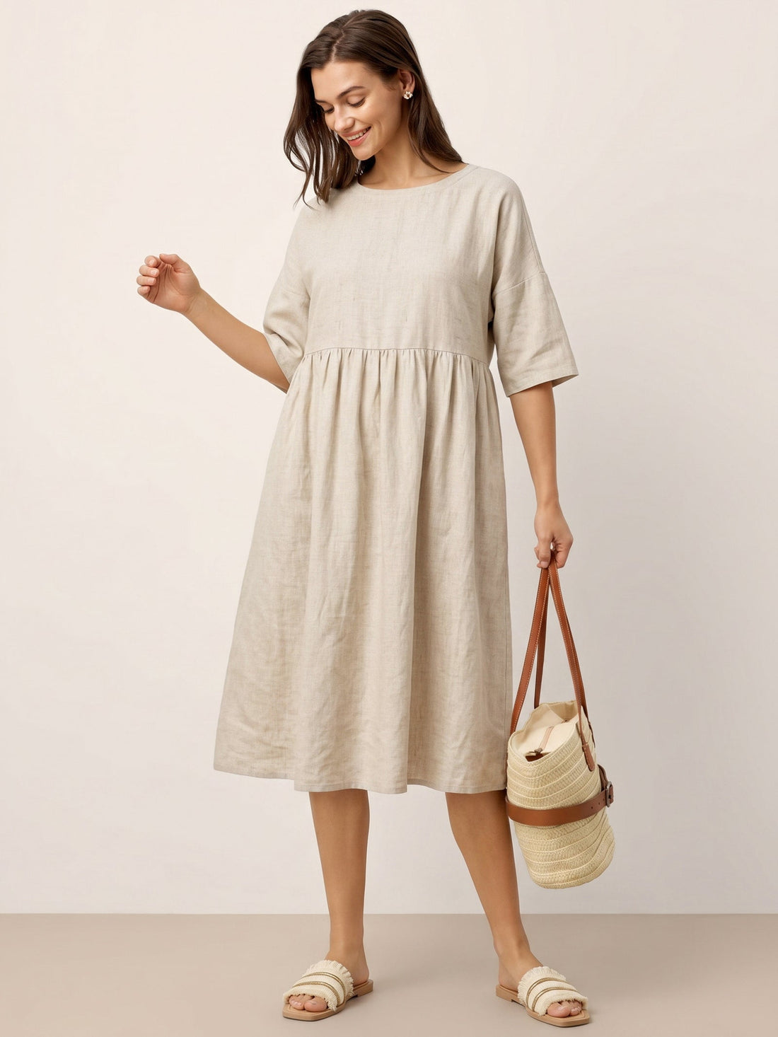 100% Linen Ruched Round-Neck Midi Dress