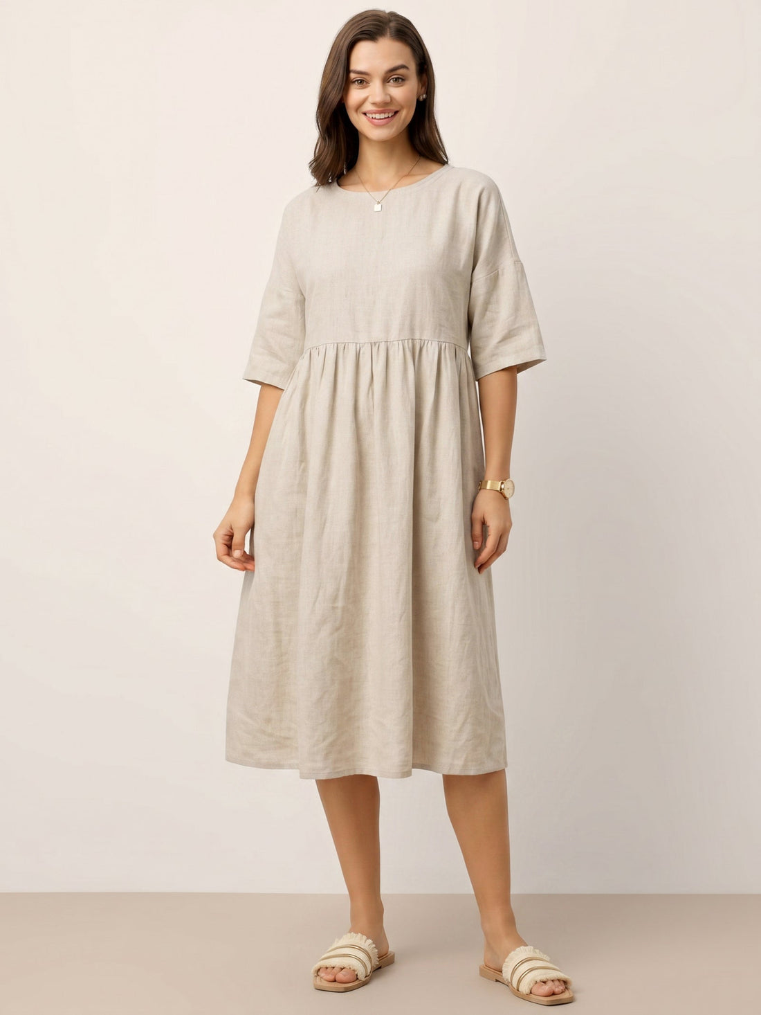 100% Linen Ruched Round-Neck Midi Dress