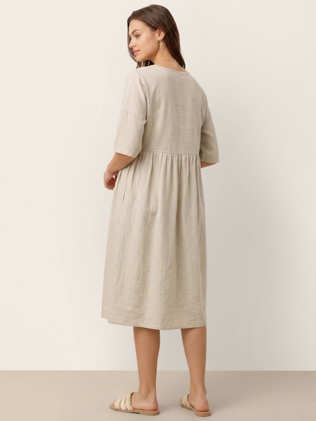 100% Linen Ruched Round-Neck Midi Dress