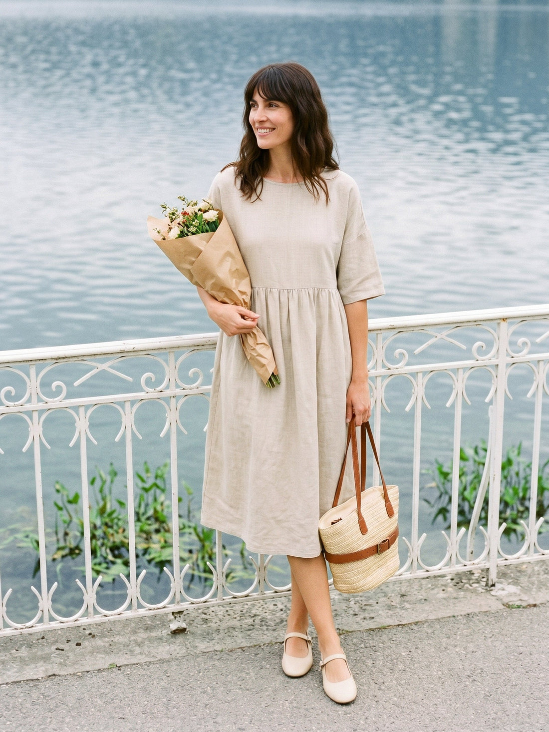 100% Linen Ruched Round-Neck Midi Dress