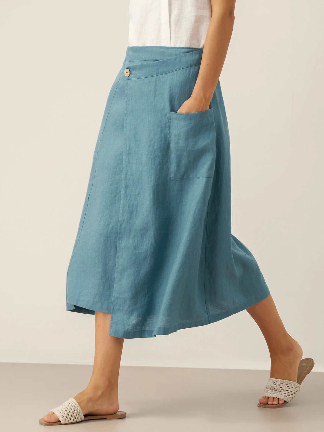 100% Linen Asymmetric Wrap Midi Skirt