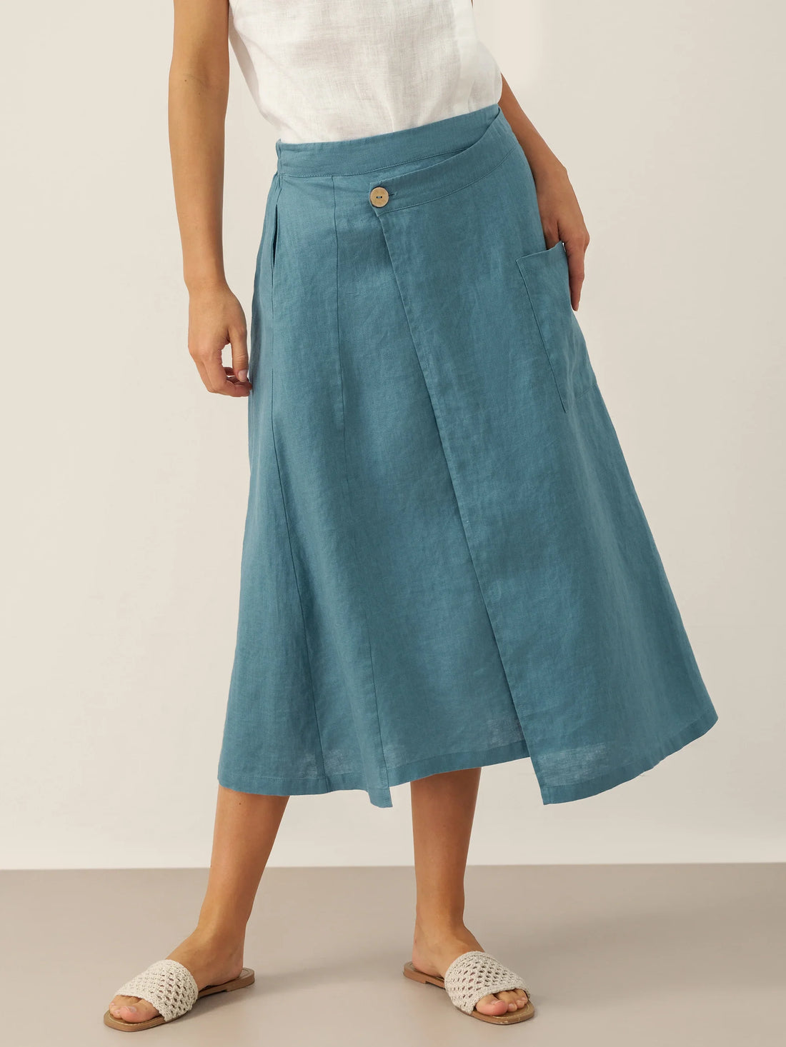 100% Linen Asymmetric Wrap Midi Skirt