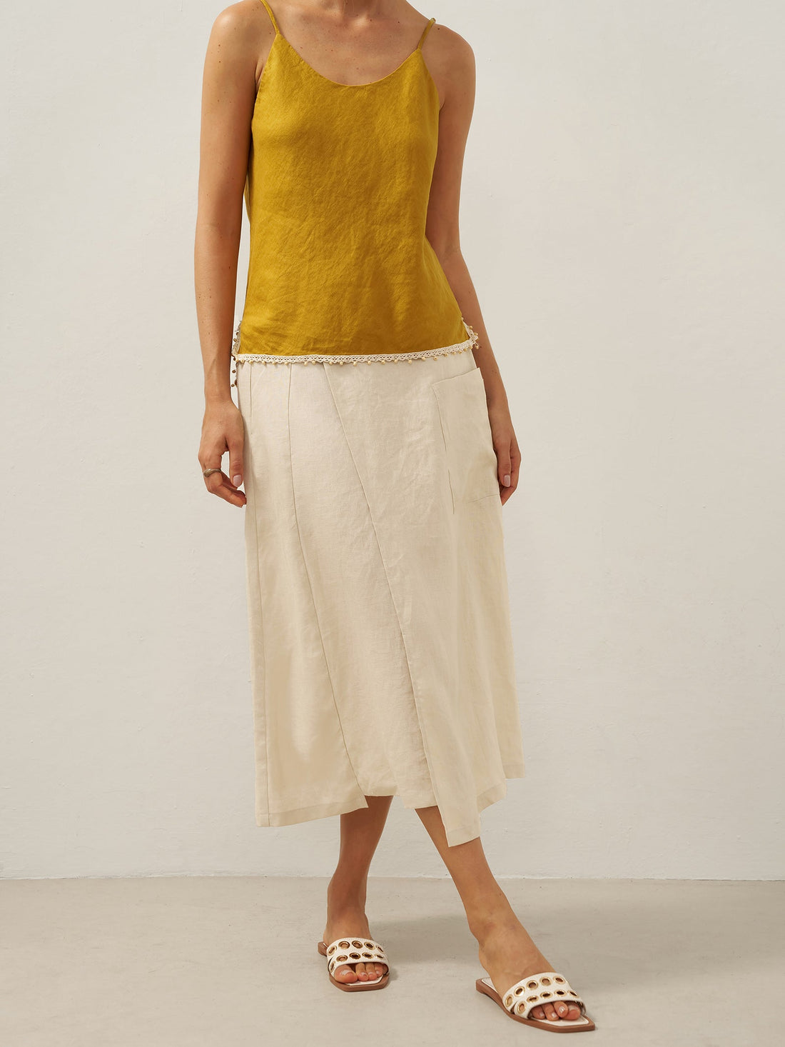 100% Linen Asymmetric Wrap Midi Skirt