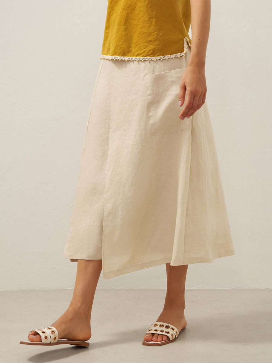 100% Linen Asymmetric Wrap Midi Skirt