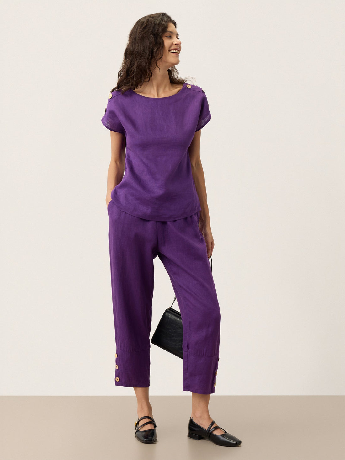 100% Linen Artisan-Button Tapered Pants