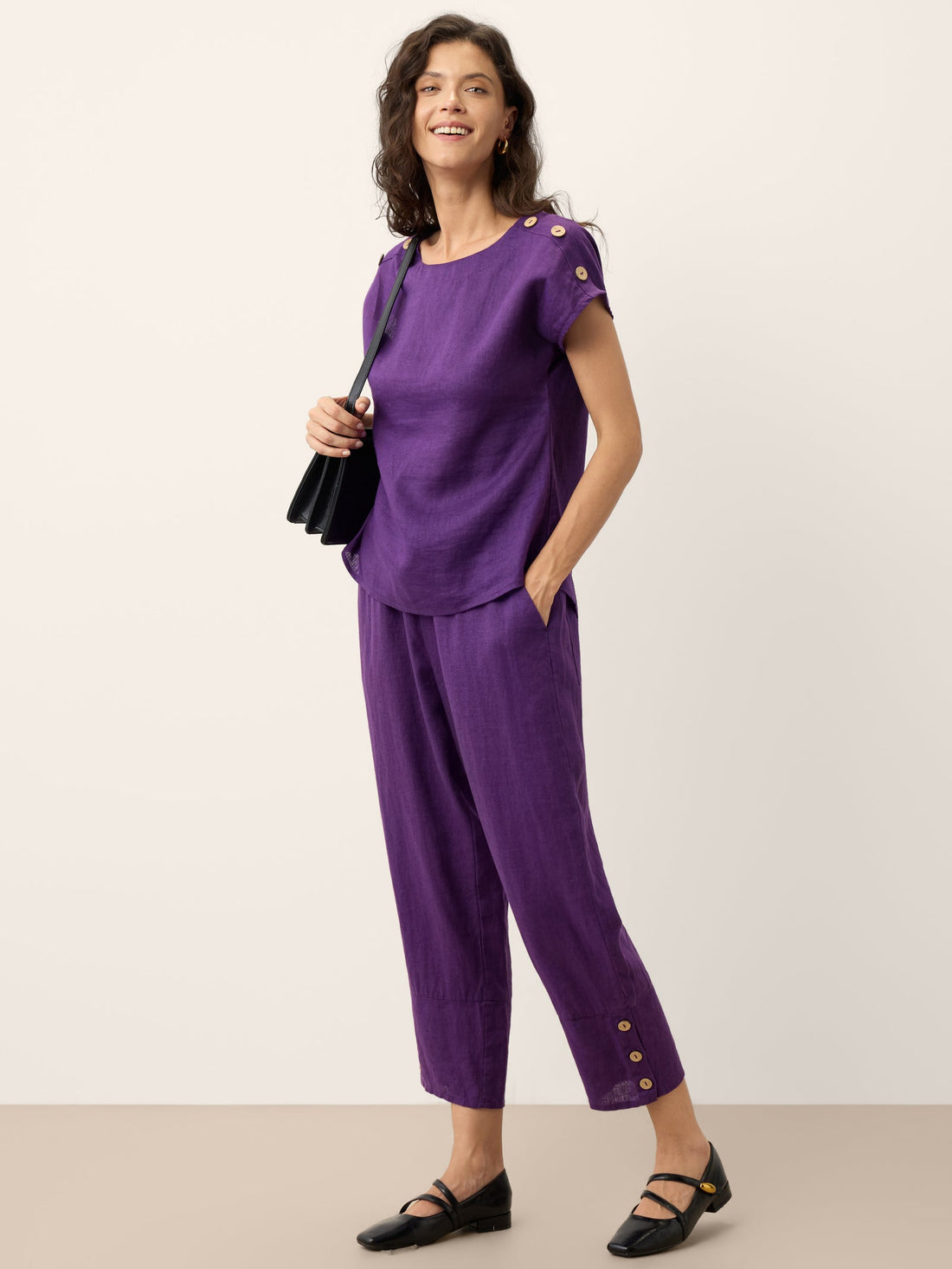 100% Linen Artisan-Button Tapered Pants