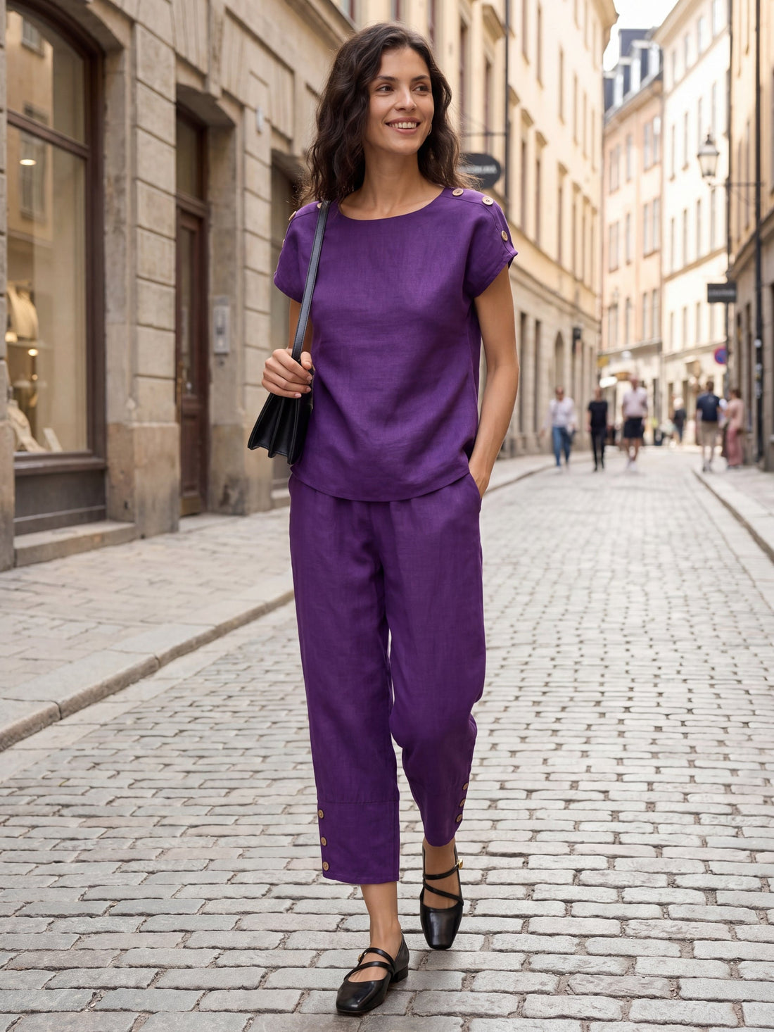 100% Linen Artisan-Button Tapered Pants
