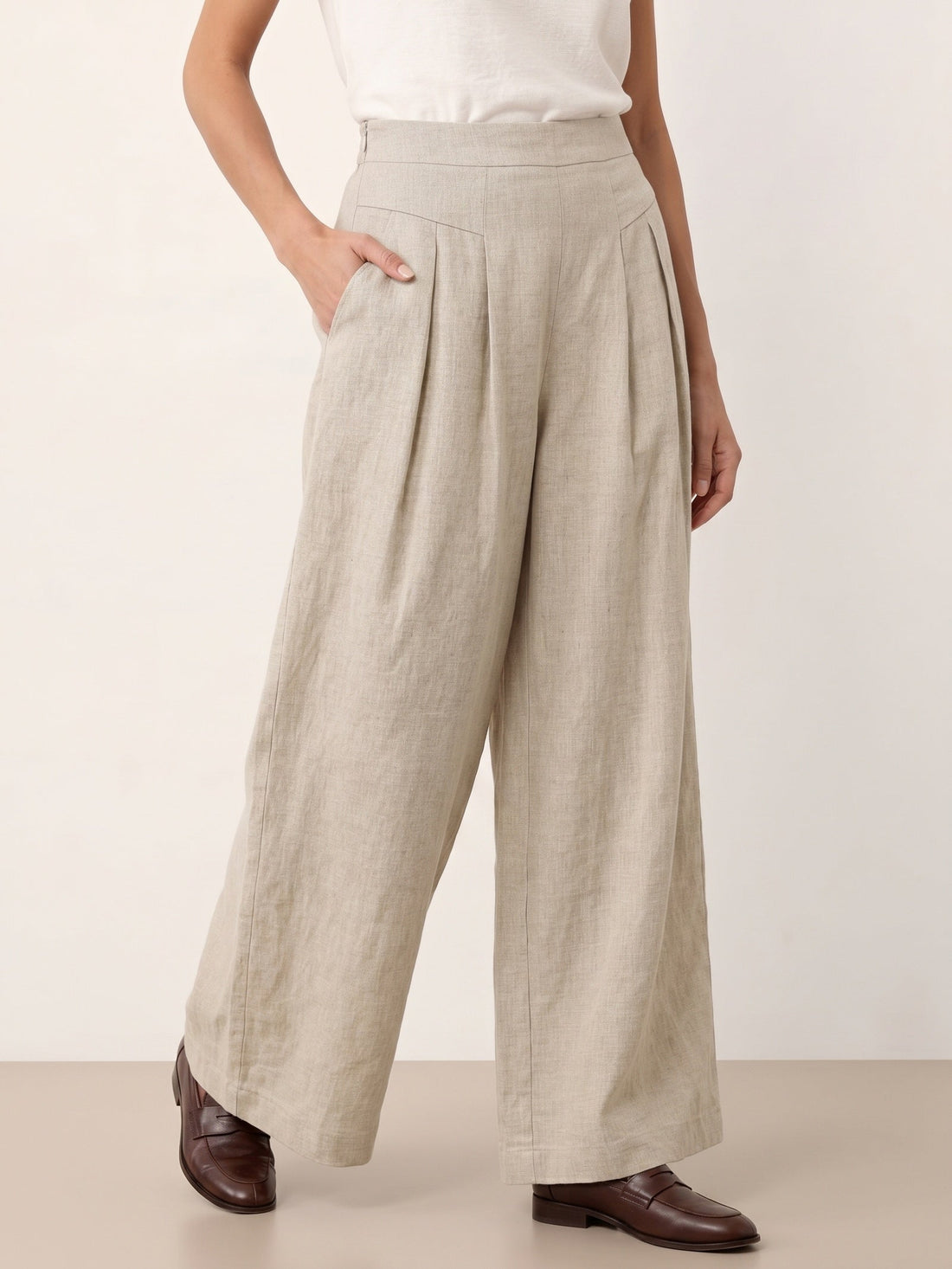 100% Linen Pleated High Rise Wide Leg Pants