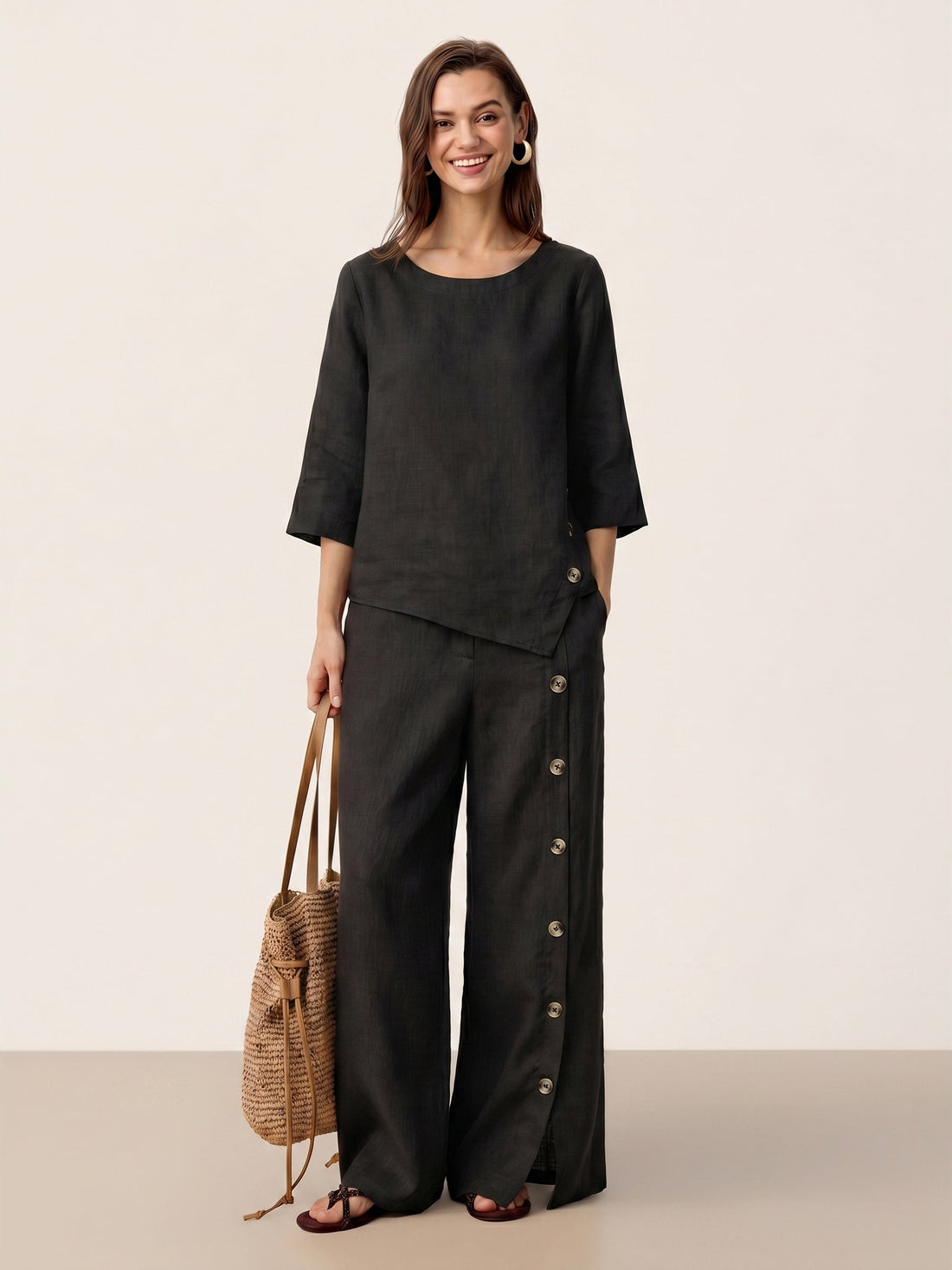 100% Linen Asymmetric-Hem Round Neck Blouse