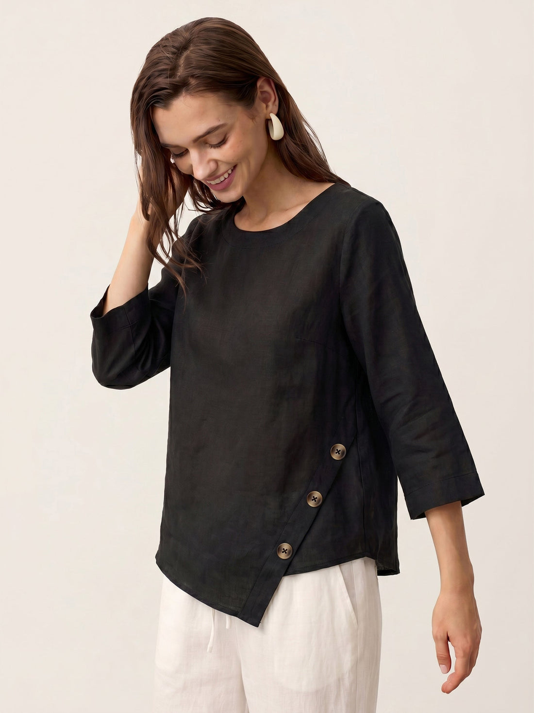 100% Linen Asymmetric-Hem Round Neck Blouse
