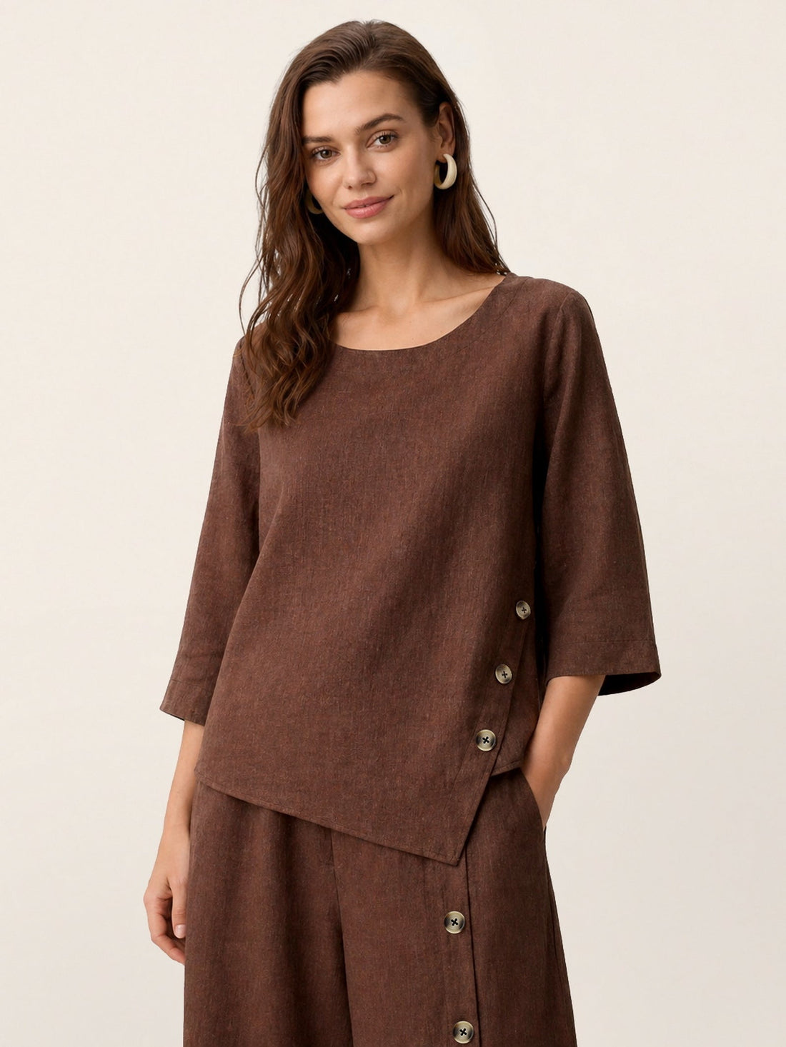 100% Linen Asymmetric-Hem Round Neck Blouse