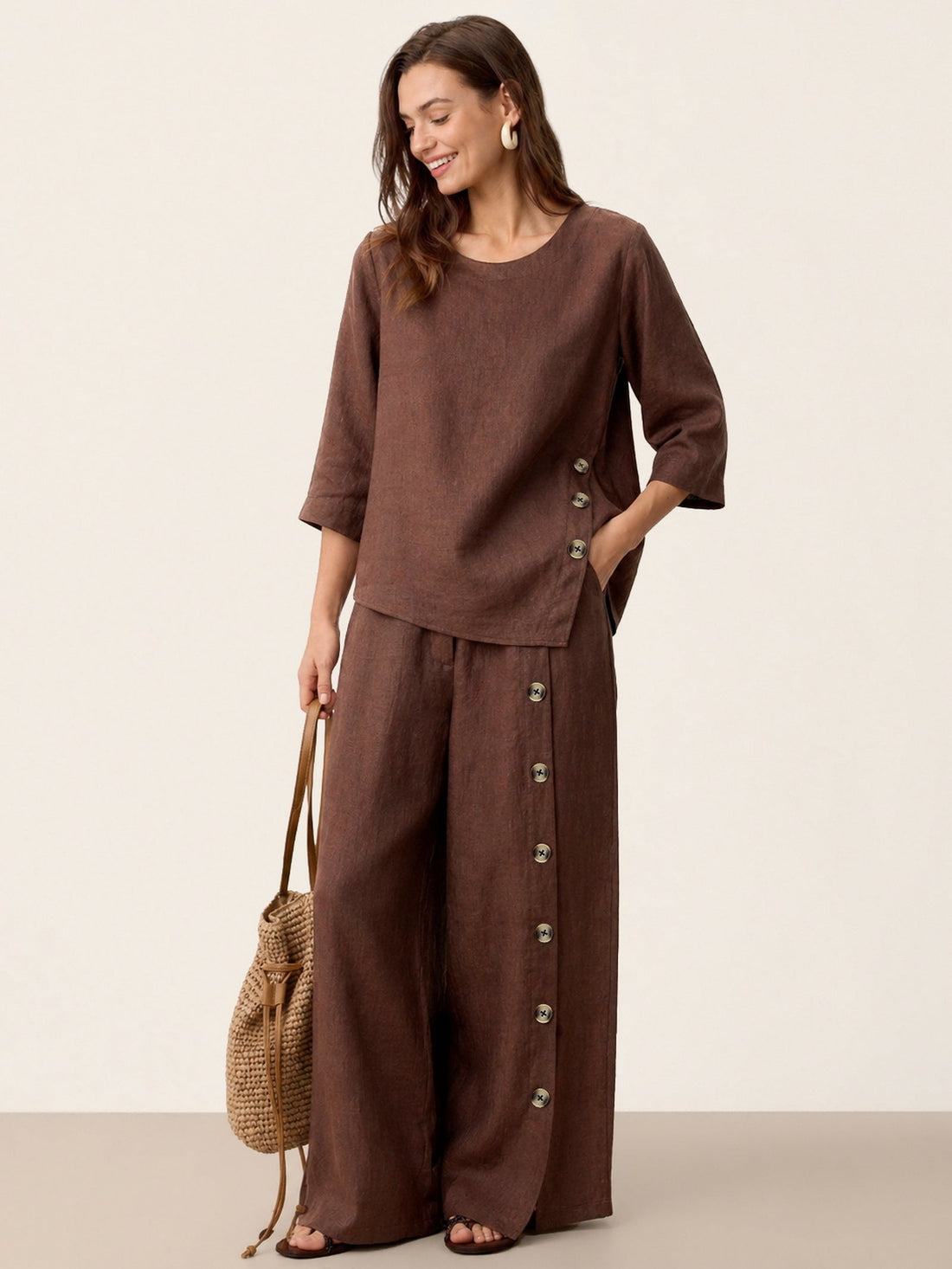 100% Linen Asymmetric-Hem Round Neck Blouse