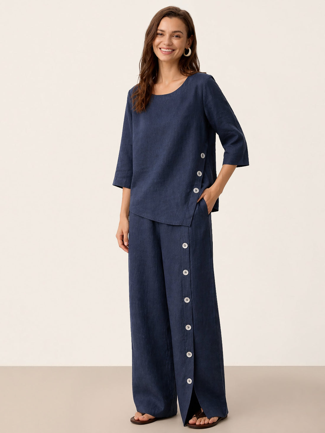 100% Linen Asymmetric-Hem Round Neck Blouse