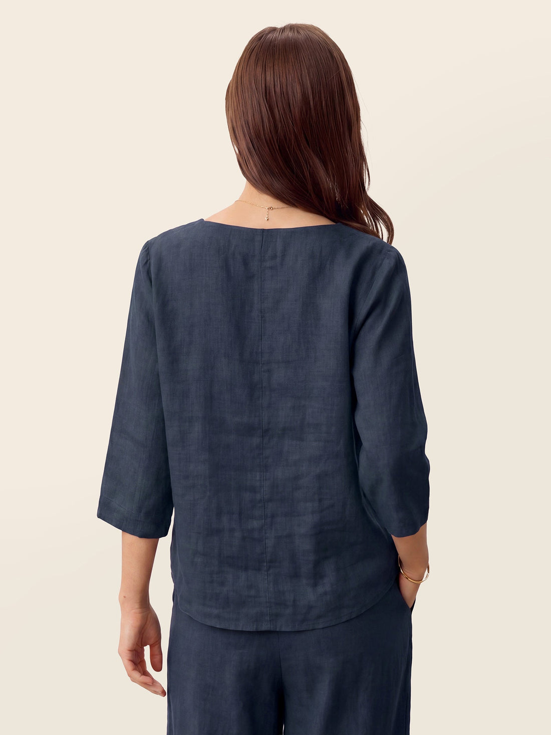 100% Linen Asymmetric-Hem Round Neck Blouse