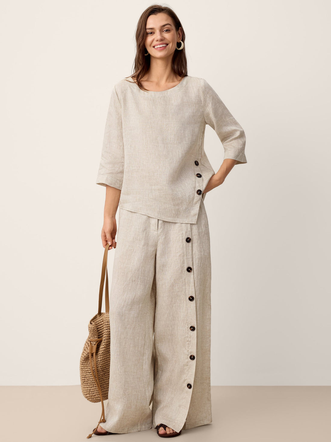 100% Linen Asymmetric-Hem Round Neck Blouse