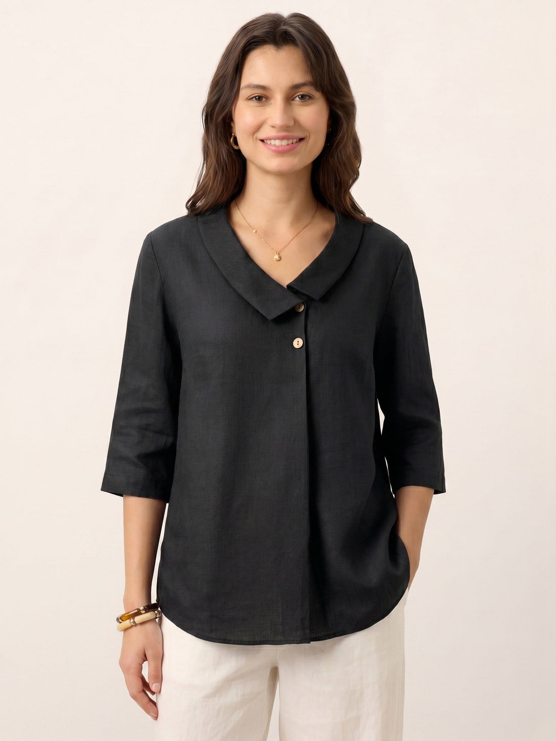 Linen Asymmetric-Collar Tunic Top with Button Detail