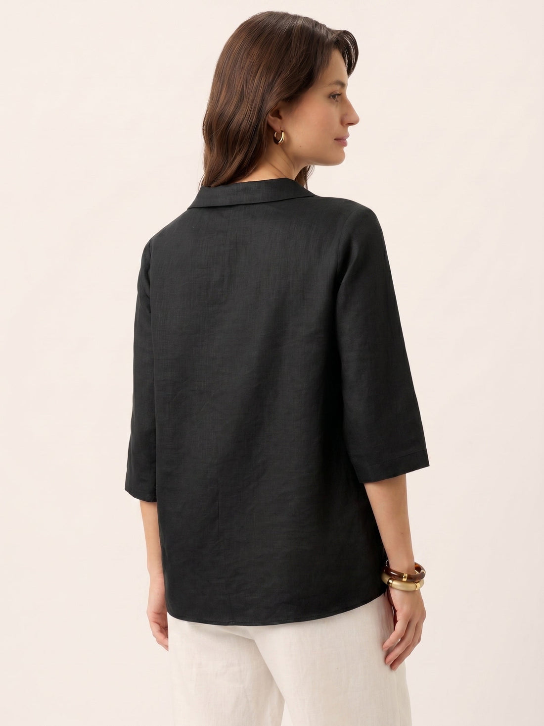 Linen Asymmetric-Collar Tunic Top with Button Detail