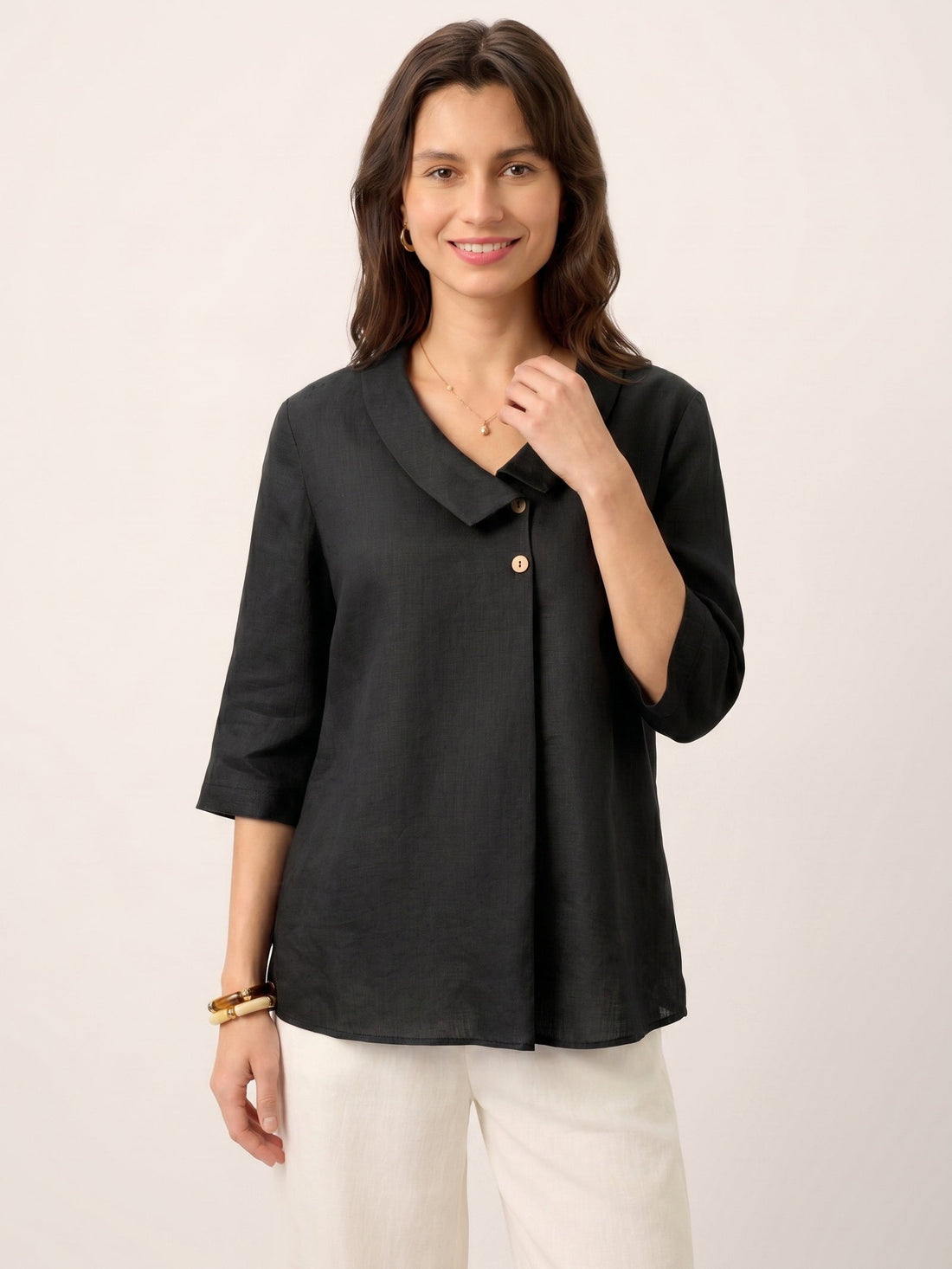 Linen Asymmetric-Collar Tunic Top with Button Detail