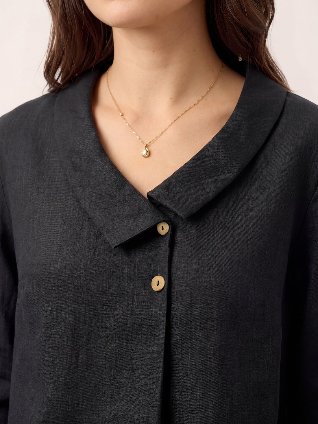 Linen Asymmetric-Collar Tunic Top with Button Detail