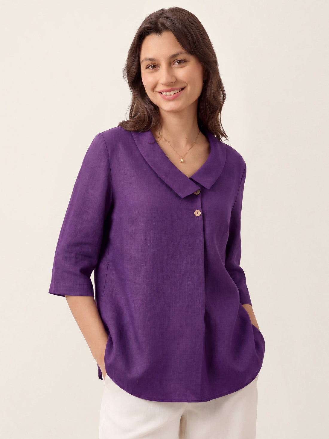 Linen Asymmetric-Collar Tunic Top with Button Detail