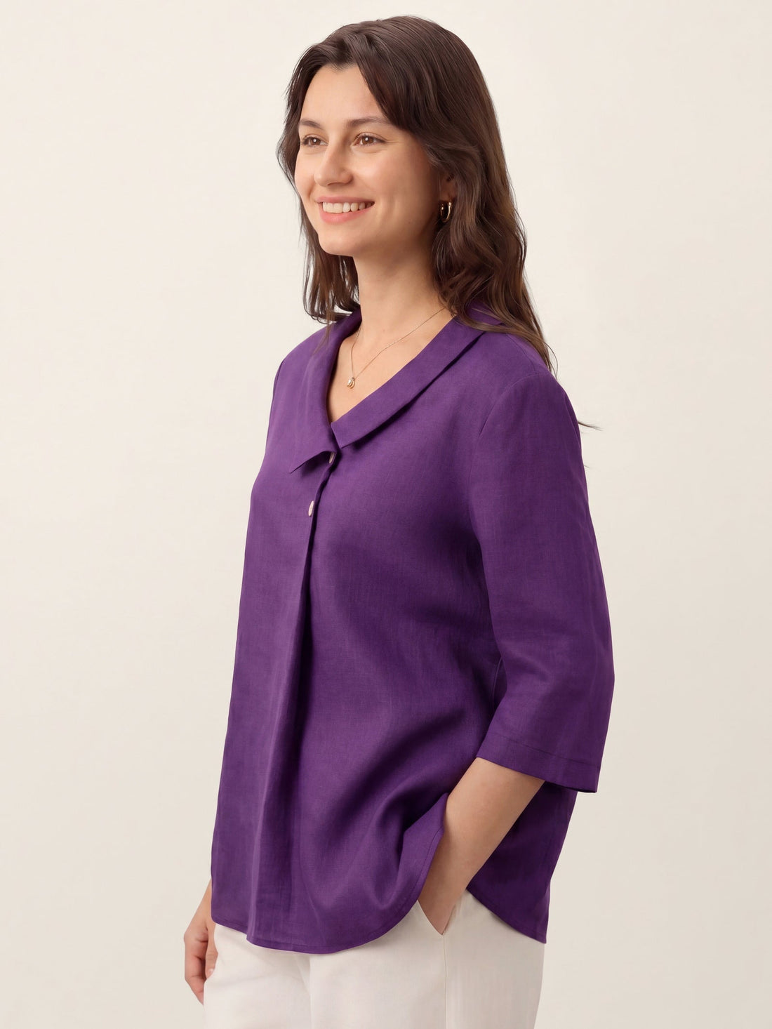 Linen Asymmetric-Collar Tunic Top with Button Detail