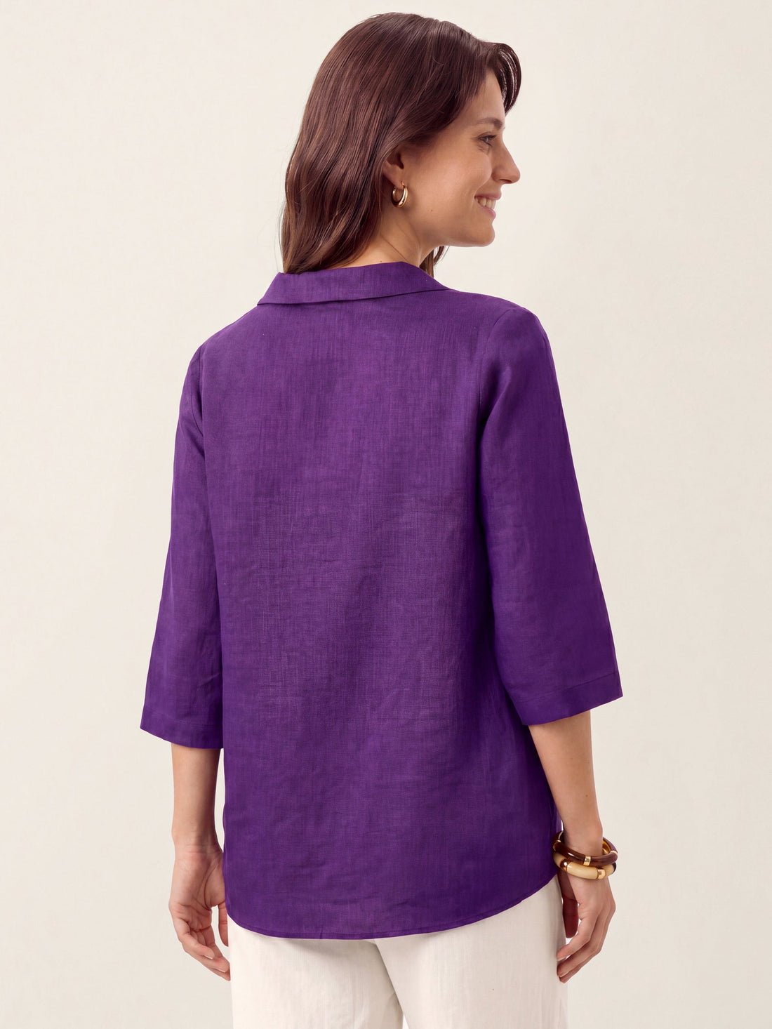Linen Asymmetric-Collar Tunic Top with Button Detail