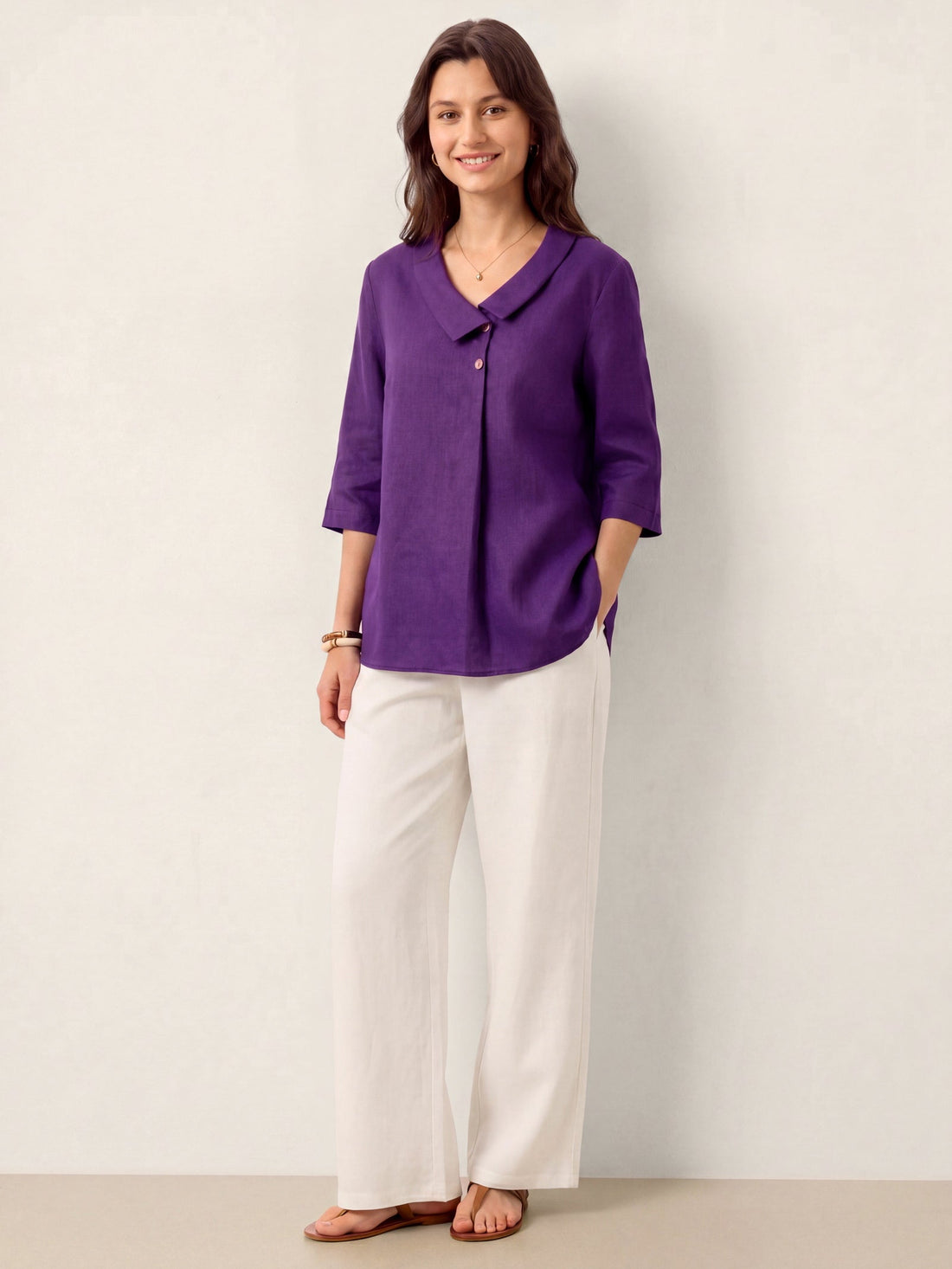 Linen Asymmetric-Collar Tunic Top with Button Detail