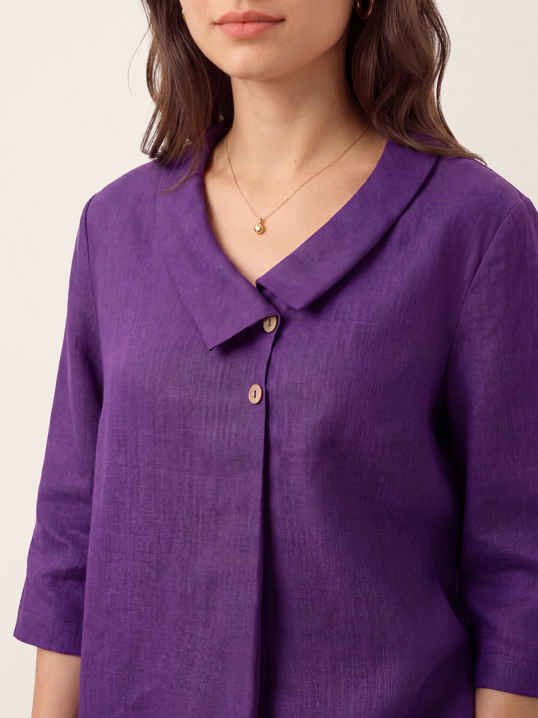 Linen Asymmetric-Collar Tunic Top with Button Detail