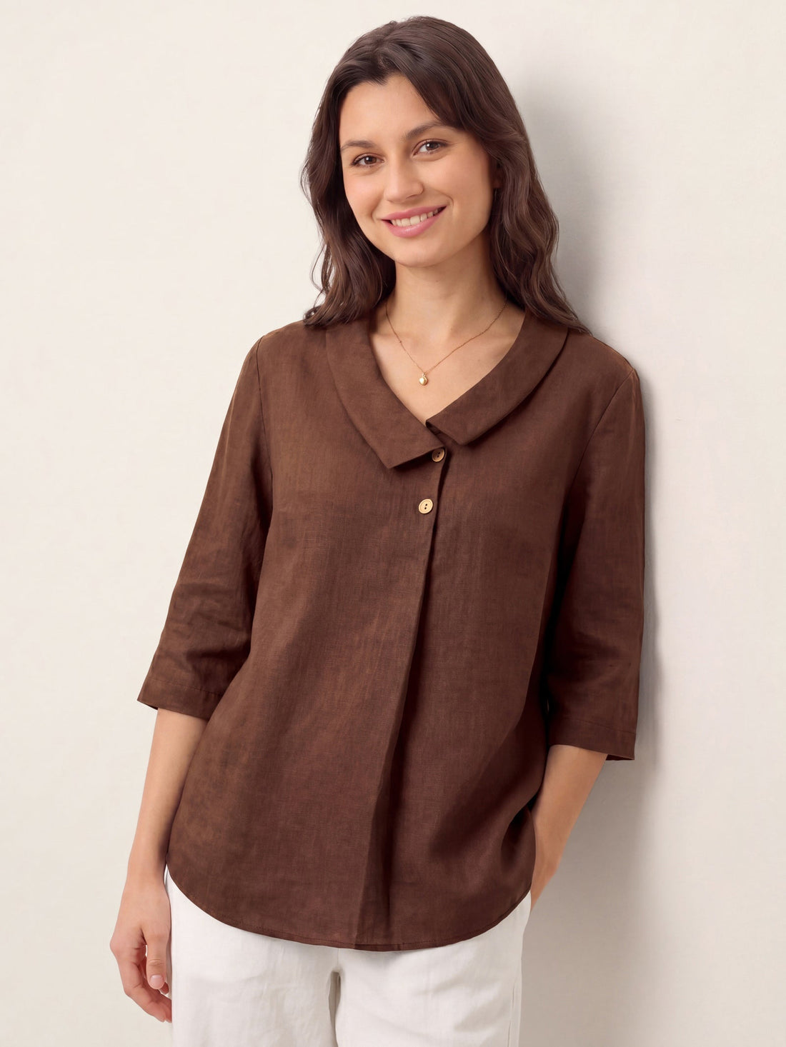 Linen Asymmetric-Collar Tunic Top with Button Detail
