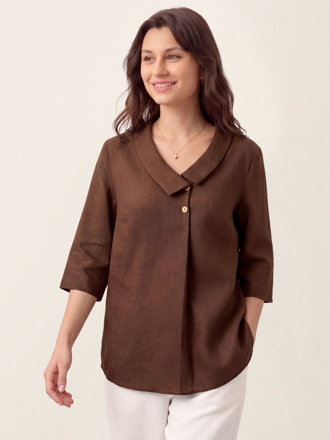 Linen Asymmetric-Collar Tunic Top with Button Detail