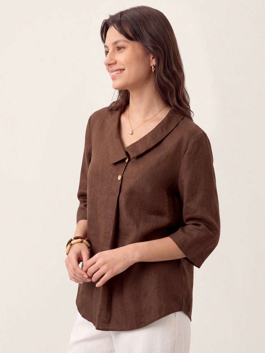 Linen Asymmetric-Collar Tunic Top with Button Detail