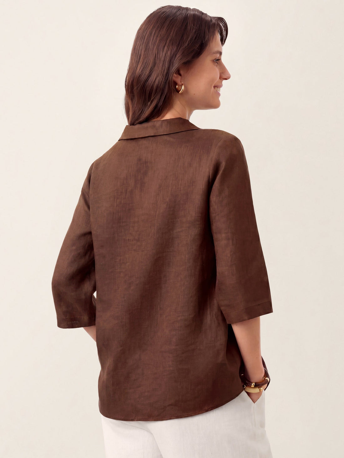 Linen Asymmetric-Collar Tunic Top with Button Detail