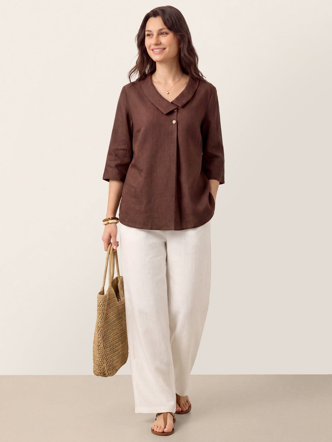 Linen Asymmetric-Collar Tunic Top with Button Detail
