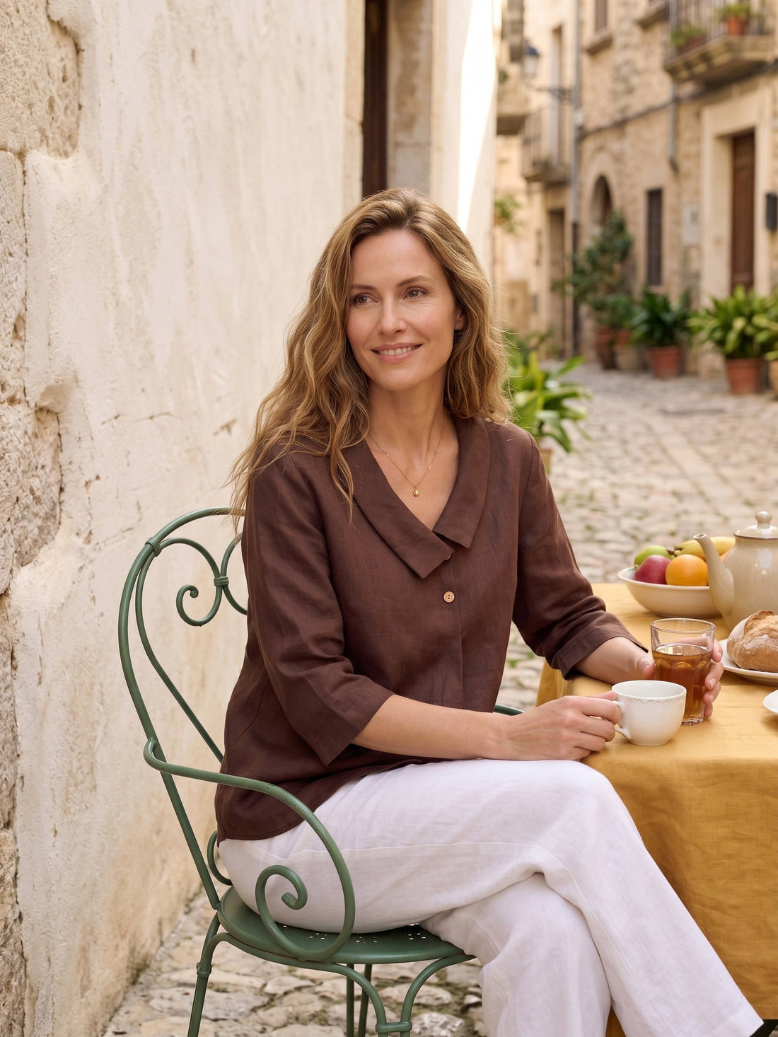 Linen Asymmetric-Collar Tunic Top with Button Detail