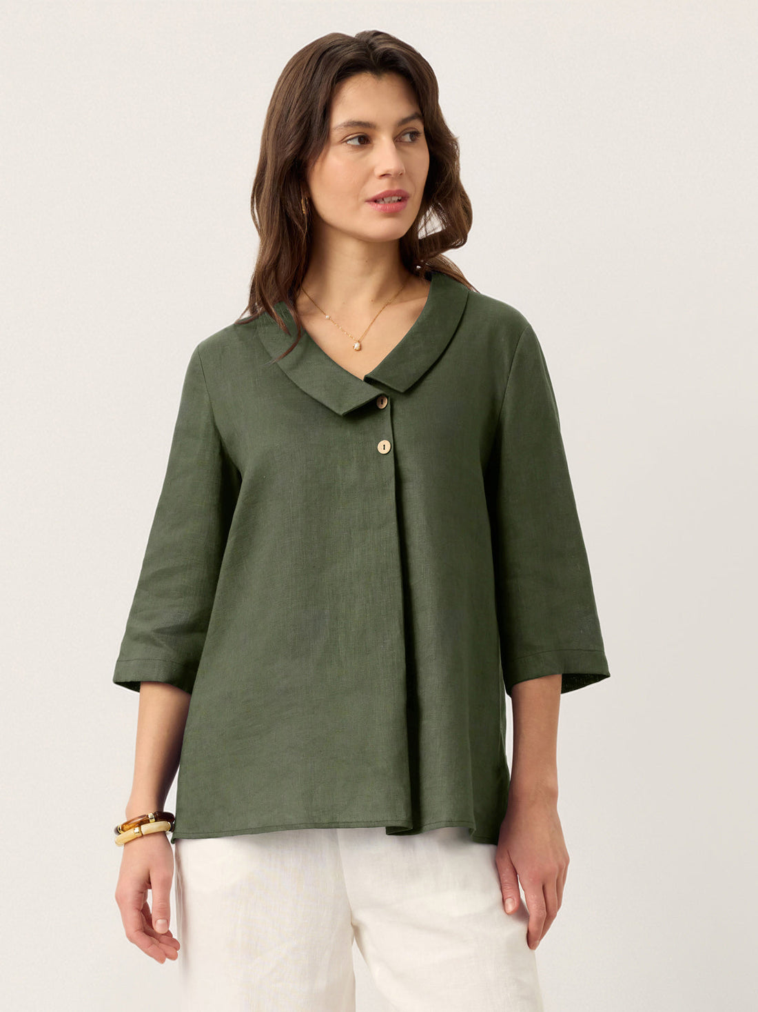 Linen Asymmetric-Collar Tunic Top with Button Detail