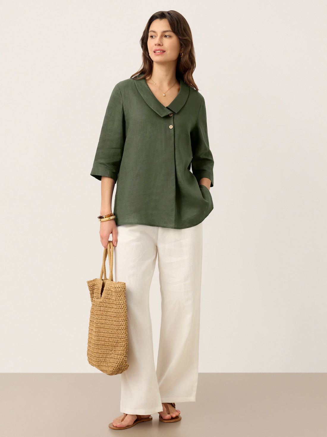 Linen Asymmetric-Collar Tunic Top with Button Detail