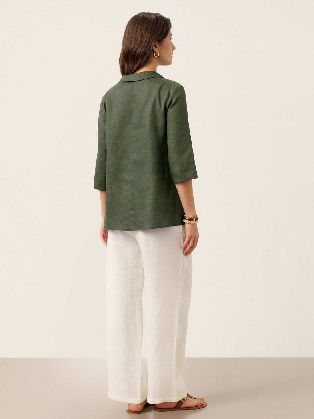 Linen Asymmetric-Collar Tunic Top with Button Detail