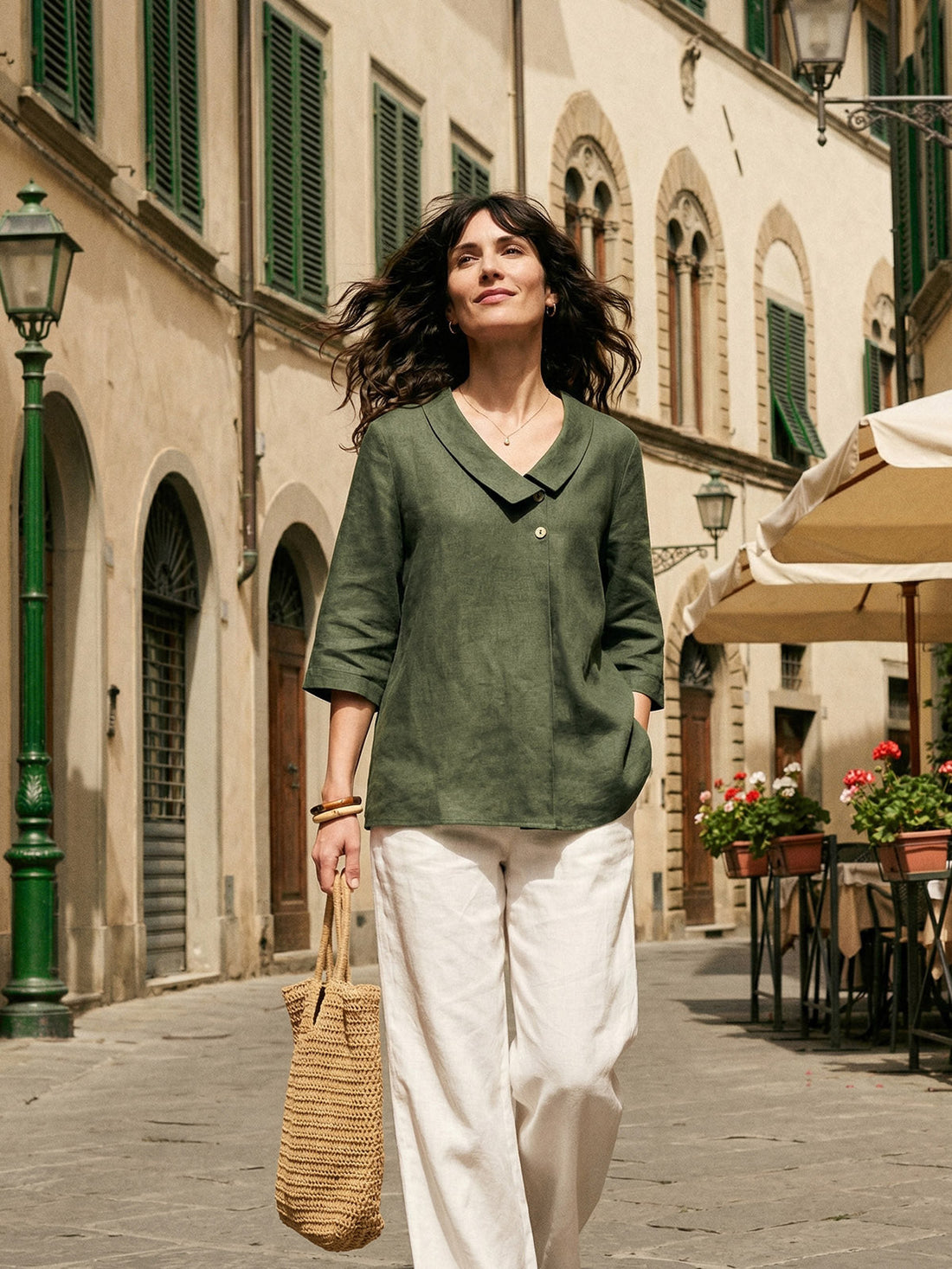 Linen Asymmetric-Collar Tunic Top with Button Detail