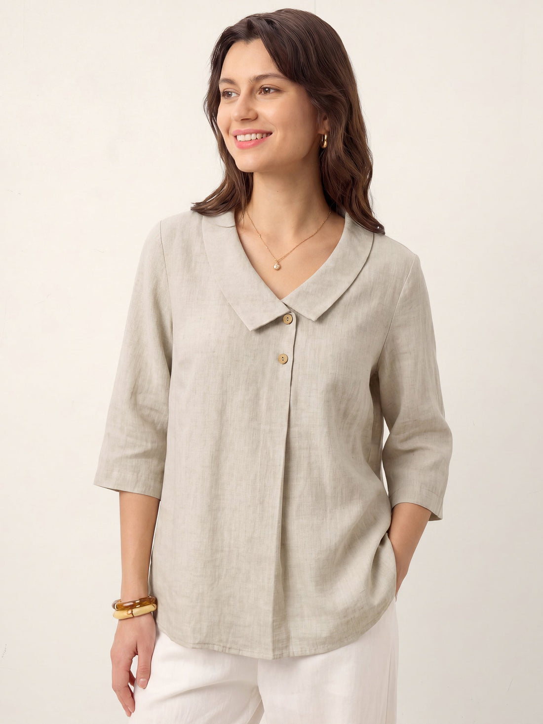 Linen Asymmetric-Collar Tunic Top with Button Detail