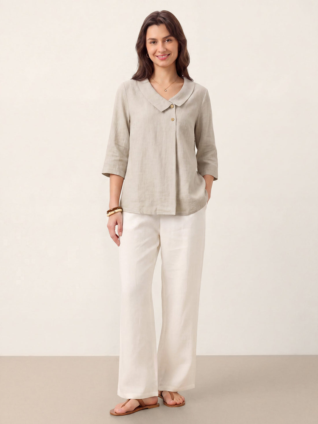 Linen Asymmetric-Collar Tunic Top with Button Detail