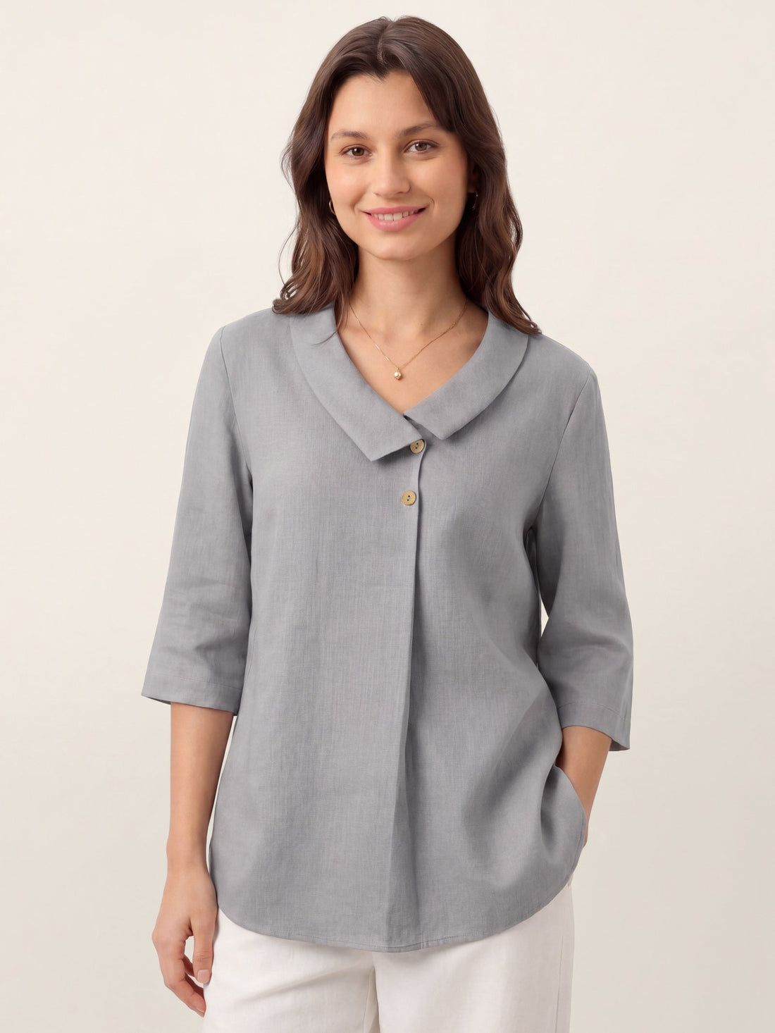 Linen Asymmetric-Collar Tunic Top with Button Detail