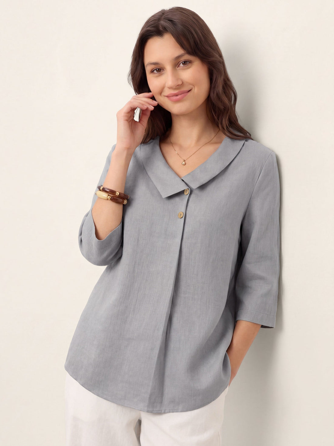 Linen Asymmetric-Collar Tunic Top with Button Detail