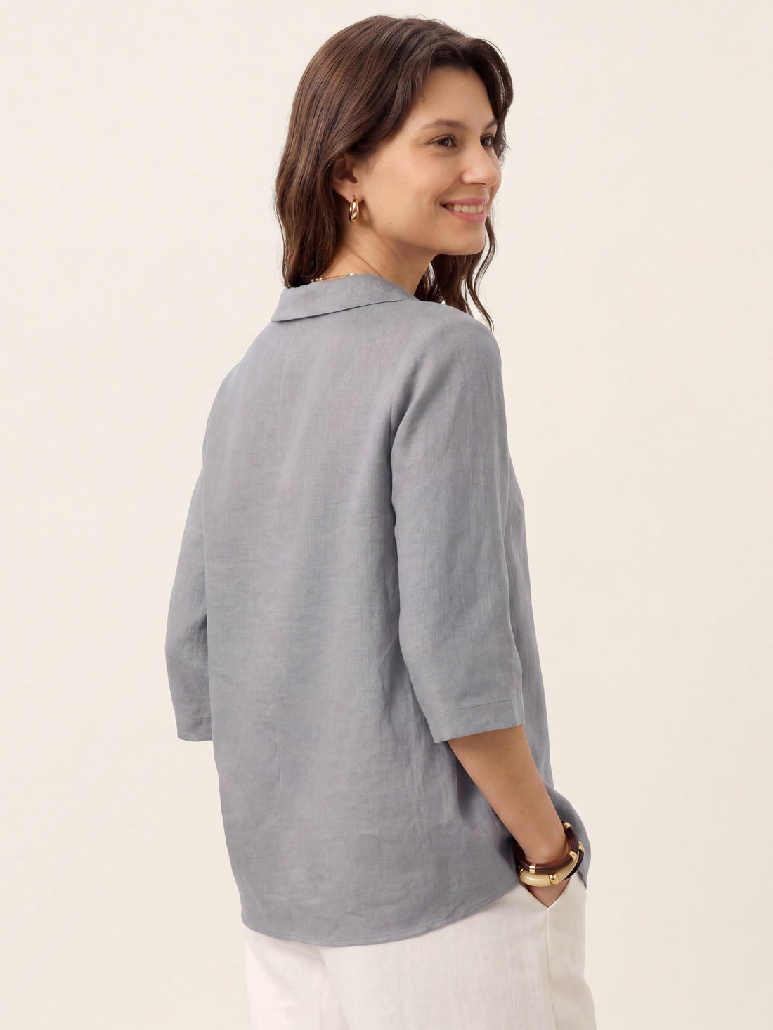 Linen Asymmetric-Collar Tunic Top with Button Detail