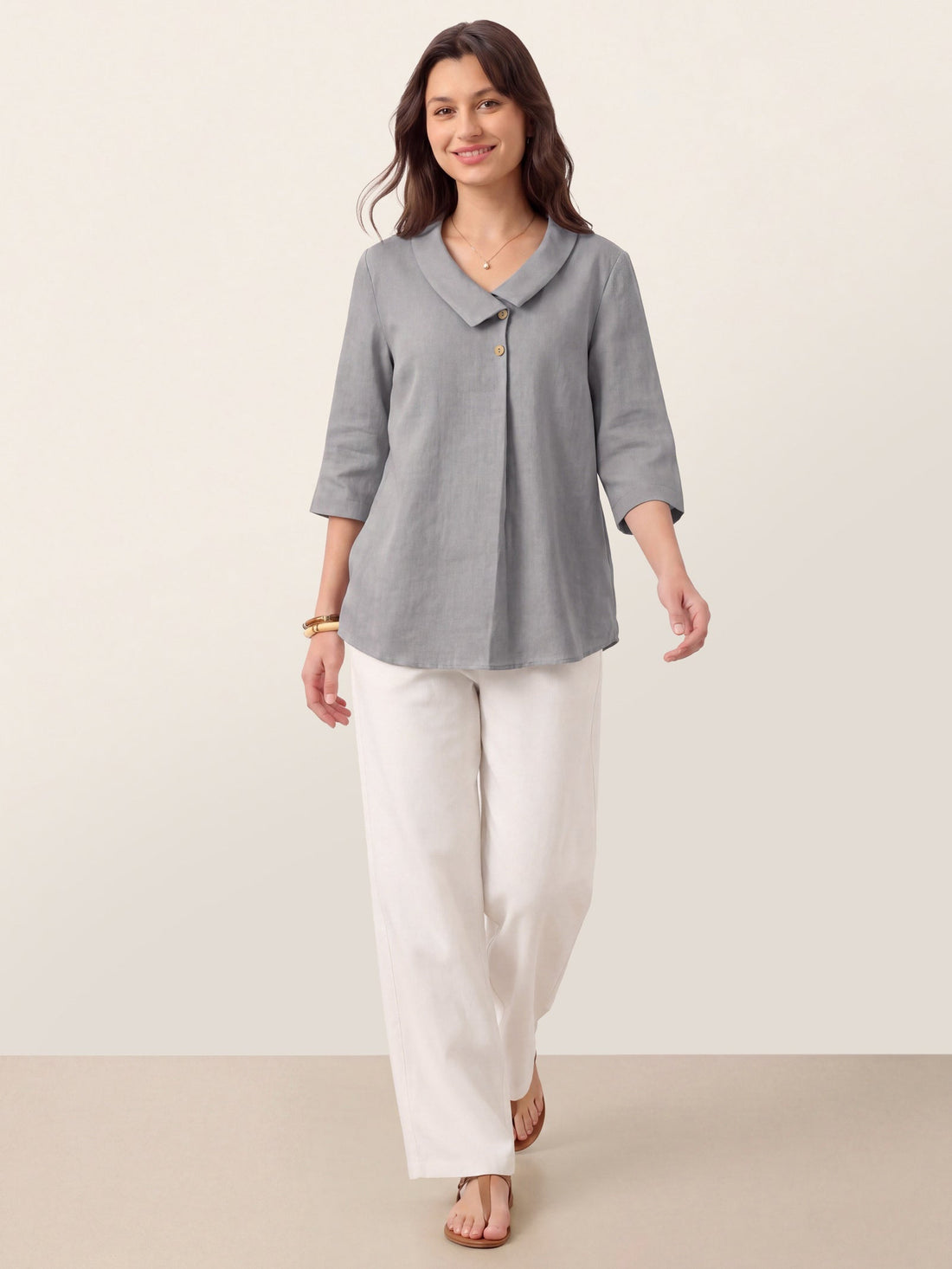 Linen Asymmetric-Collar Tunic Top with Button Detail