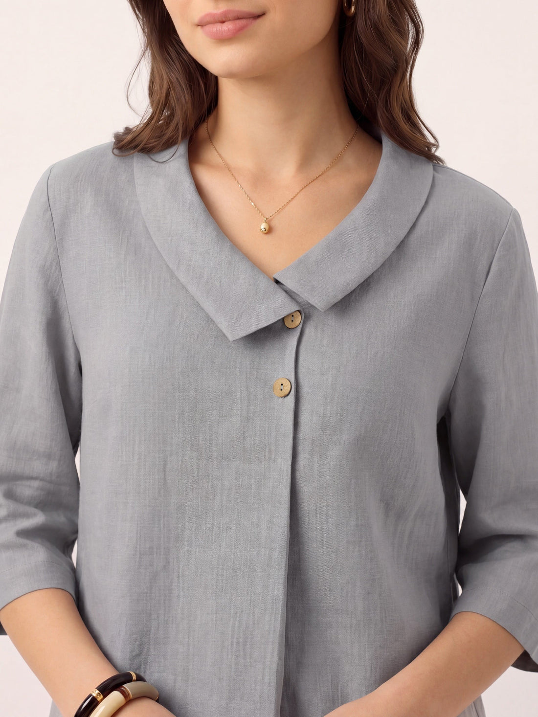 Linen Asymmetric-Collar Tunic Top with Button Detail