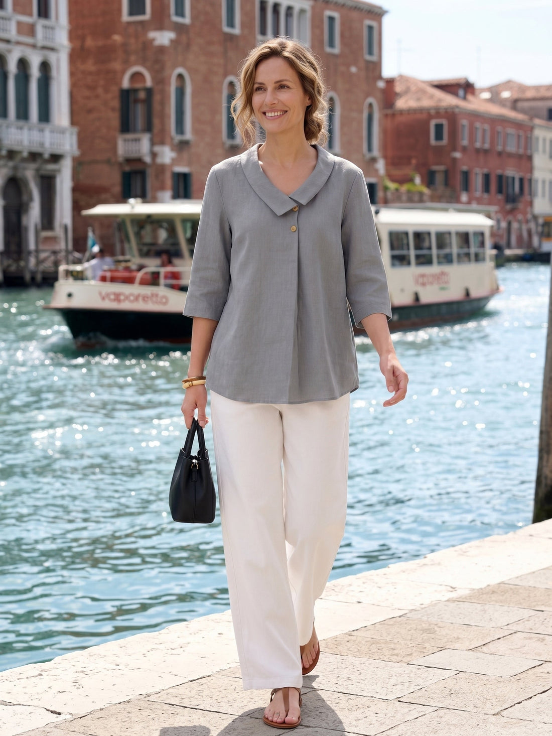 Linen Asymmetric-Collar Tunic Top with Button Detail