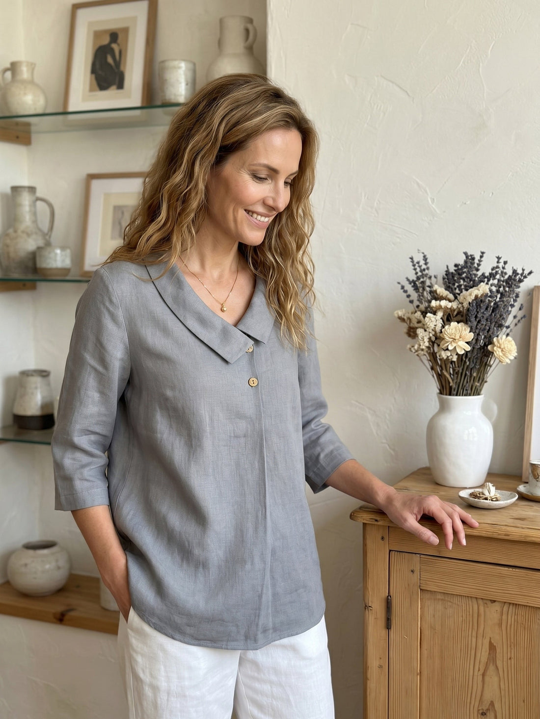 Linen Asymmetric-Collar Tunic Top with Button Detail