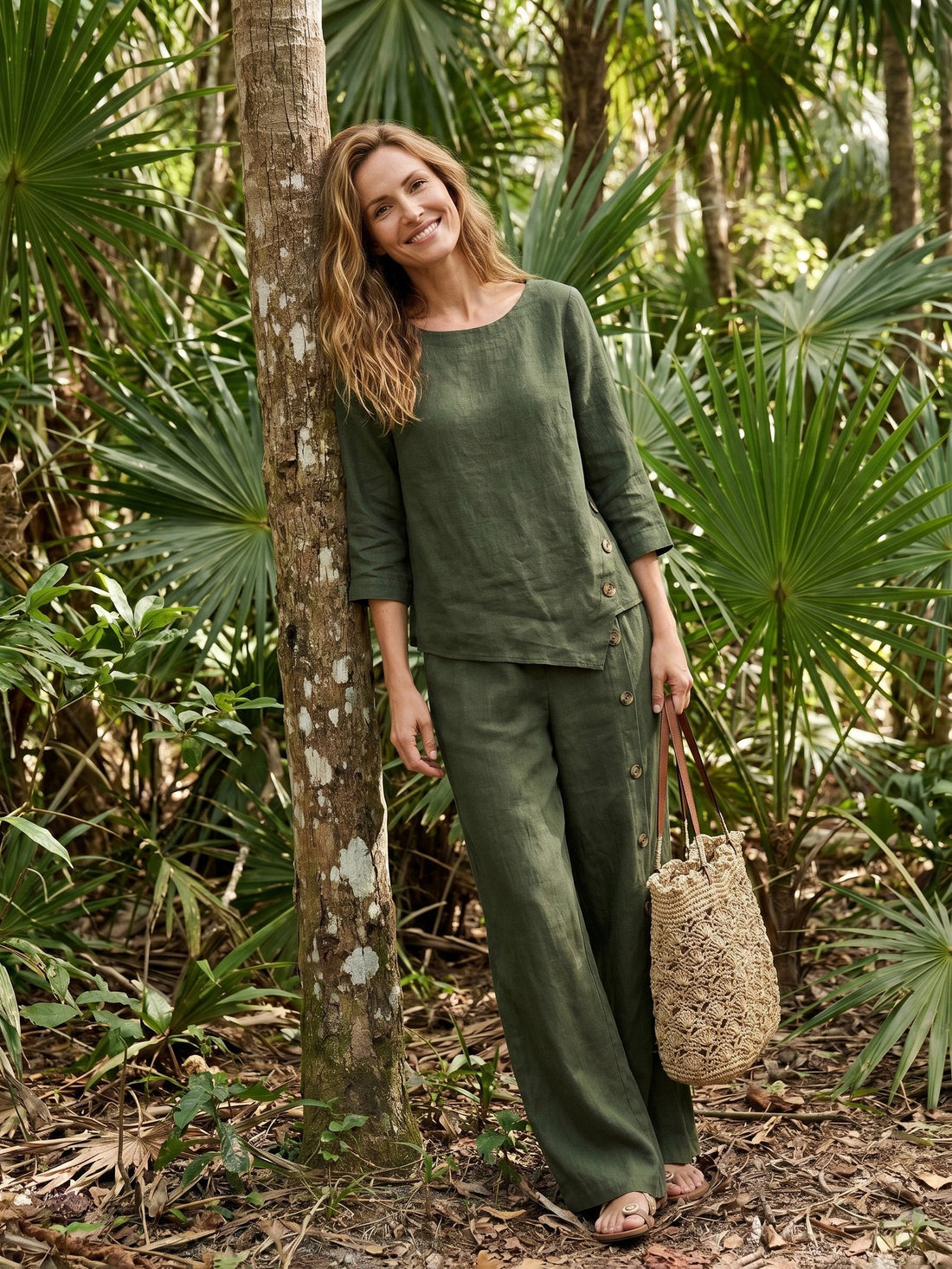 100% Linen Asymmetric-Hem Round Neck Blouse