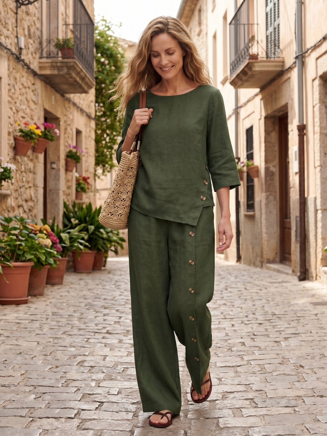 100% Linen Asymmetric-Hem Round Neck Blouse