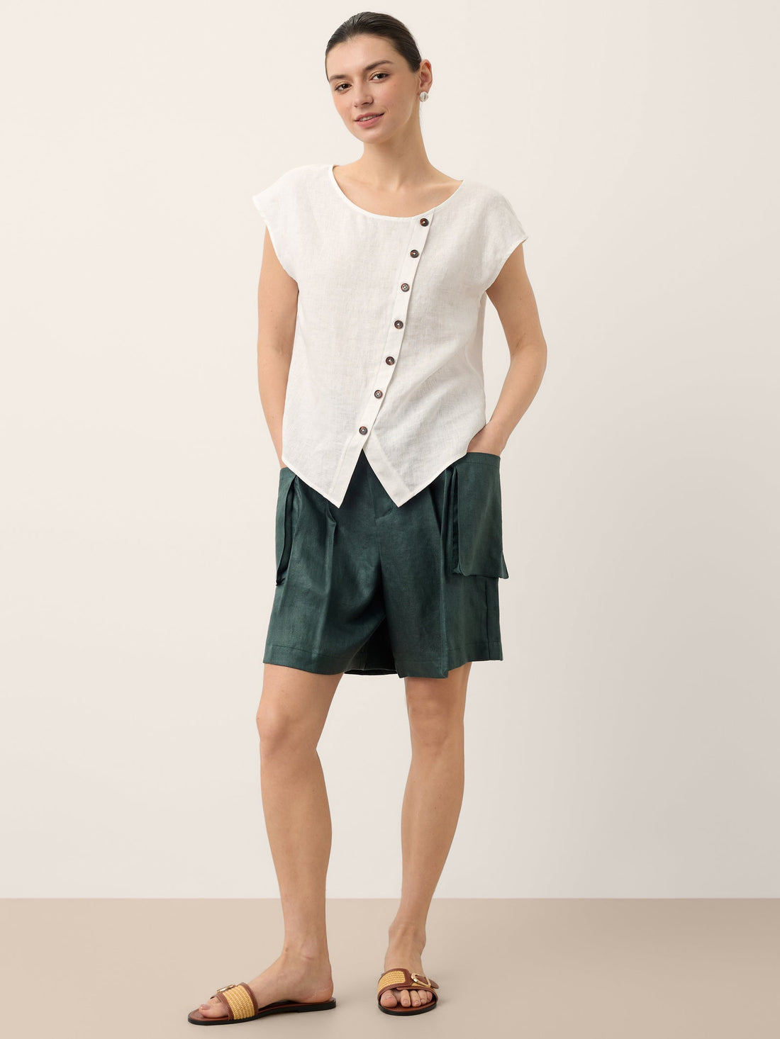 100% Linen Round Neck Cap Sleeve Blouse